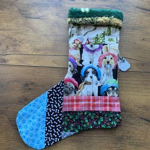 Christmas Stocking Quilted Patchwork Fabric Dog Puppies  NEW 15” Handmade